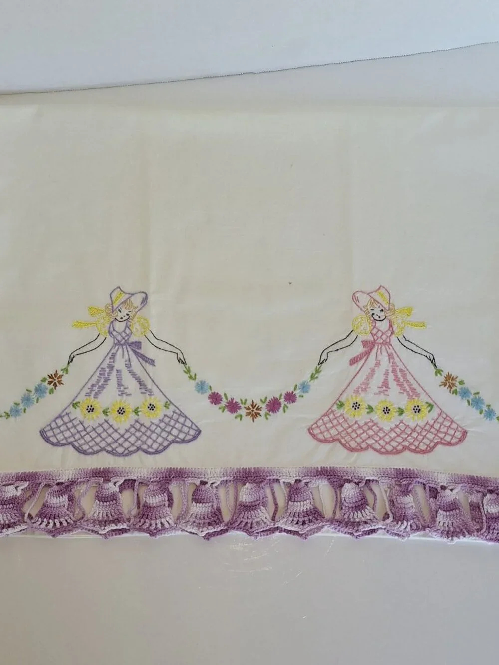 Vintage Embroidered Pillowcases 2 Ladies Big Skirts